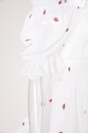 Non-stretch strawberry batch printing off shoulder mini dress size run small