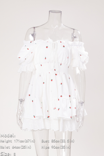 Non-stretch strawberry batch printing off shoulder mini dress size run small