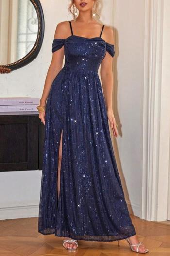 elegant non-stretch solid color sling sequins slit maxi dress