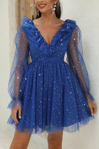 elegant non-stretch mesh v-neck stars moon sequins mini dress