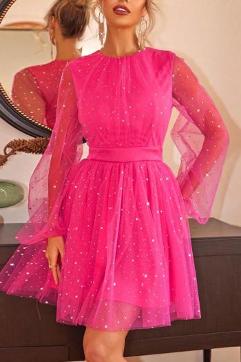 elegant non-stretch solid color mesh sequins long sleeve mini dress