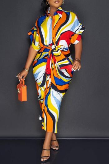 casual plus size non-stretch batch printing with belt midi dress