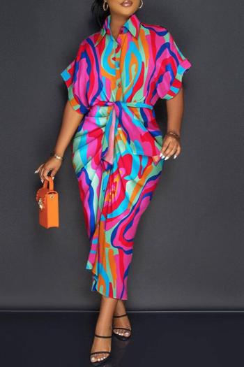 casual plus size non-stretch batch printing with belt midi dress#2
