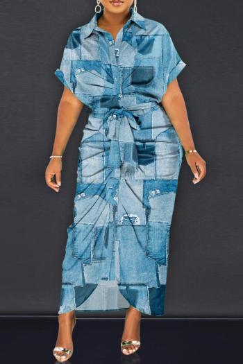 casual plus size non-stretch patch pattern batch printing with belt midi dress