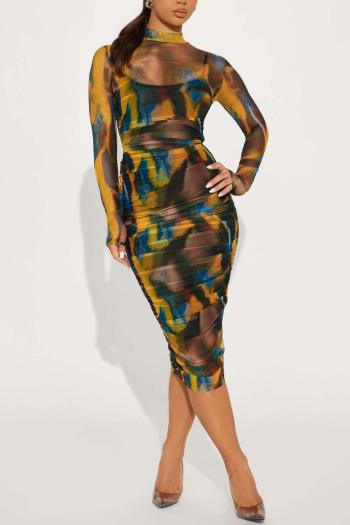 plus size stretch multicolor print mesh shirring midi dress(with sling base)#4