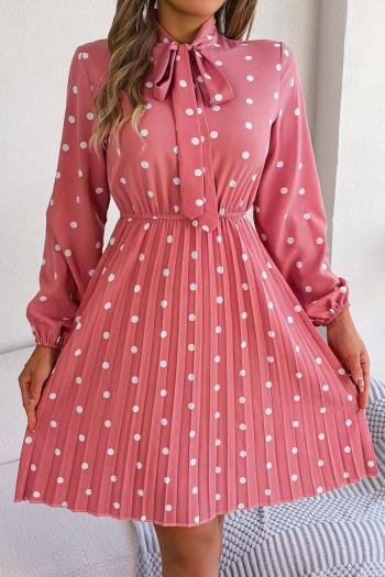 casual non-stretch polka dots printing 4 colors long sleeve pleated mini dress