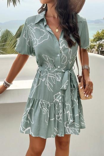 casual non-stretch digital printing single-breasted with belt mini shirt dress