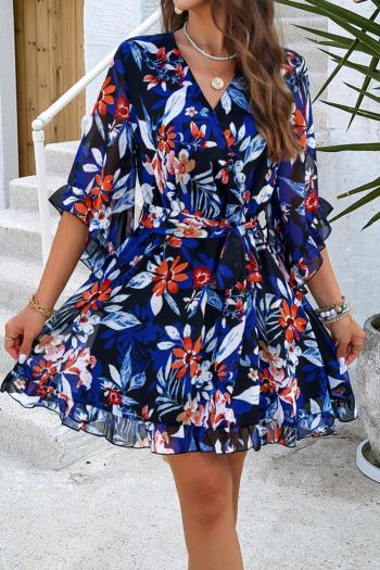 bohemian non-stretch floral printing v-neck mini dress with belt