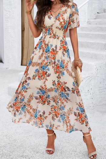 bohemian non-stretch floral printing v-neck short sleeve midi dress