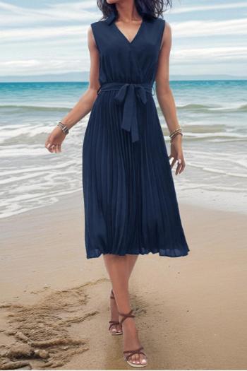 casual non-stretch pure color v-neck pleated midi dress with belt