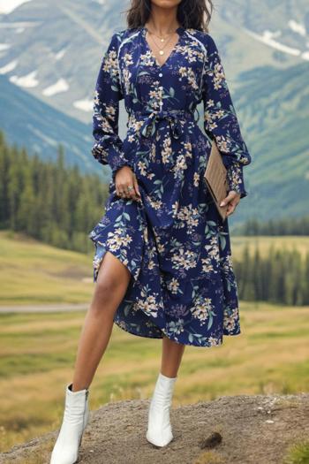 casual non-stretch floral printing v-neck with belt midi dress
