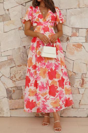sexy non-stretch flower batch printing v-neck hollow maxi dress