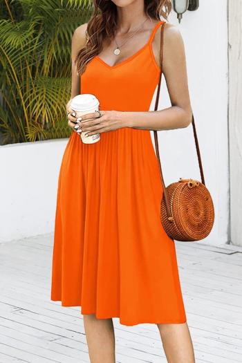casual plus size slight stretch solid color sling orange pocket midi dress