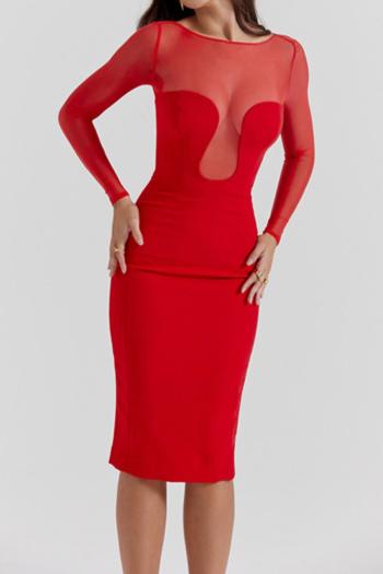 sexy slight stretch stitching mesh crew neck slit midi dress