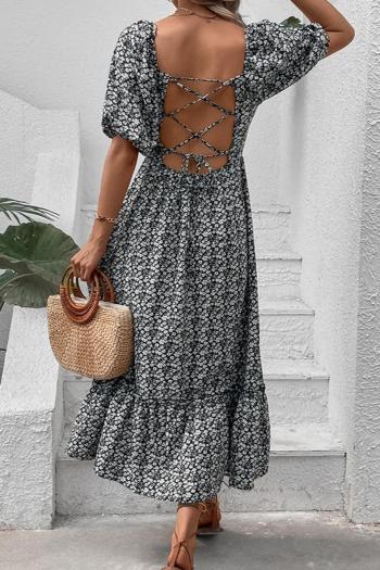 bohemian non-stretch floral printing square-neck backless lace-up midi dress