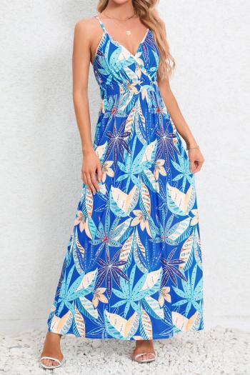 bohemian plus size slight stretch leaf printing backless sling maxi dress