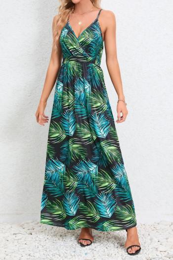 bohemian plus size slight stretch leaf printing backless sling maxi dress#2#