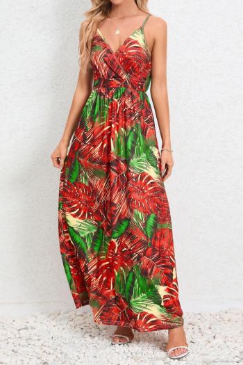 bohemian plus size slight stretch leaf printing backless sling maxi dress#3#