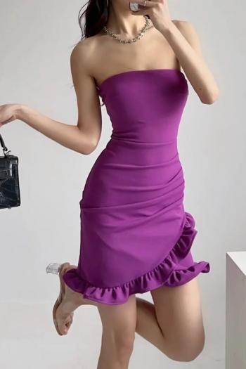 pure color slight stretch zip-up ruffle sexy slim mini dress (size run small)