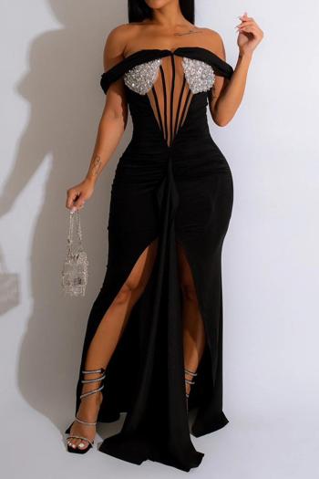 sexy plus size slight stretch one shoulder sequins pearl slit maxi dress