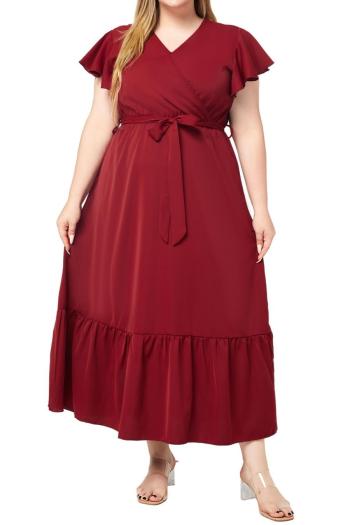 casual plus size non-stretch solid color with belt v-neck midi dress