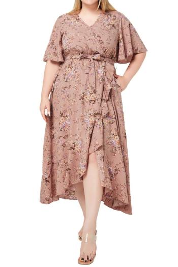 casual plus size non-stretch v-neck floral batch printing with belt midi dress