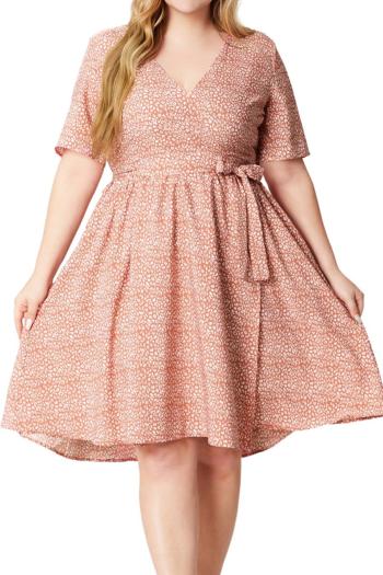 casual plus size non-stretch leopard printing v-neck with belt midi dress