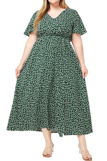plus size casual non-stretch v-neck floral batch printing slit maxi dress