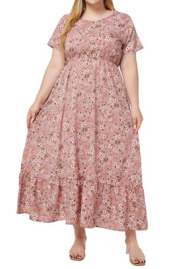casual plus size non-stretch crew neck floral batch printing maxi dress
