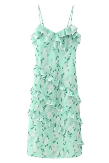 new stylish slight stretch batch print ruffled sling midi dress (size run small)