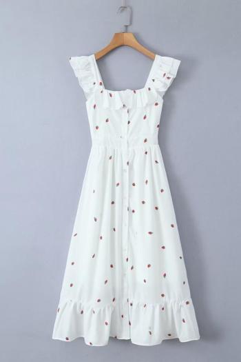 stylish sweet non-stretch strawberry printing square-neck ruffle midi dress