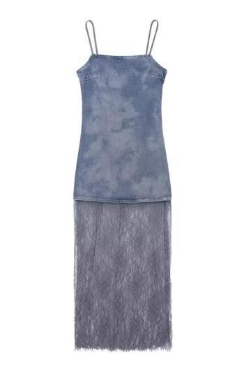 stylish non-stretch denim stitching lace zip-up slim maxi dress (size run small)