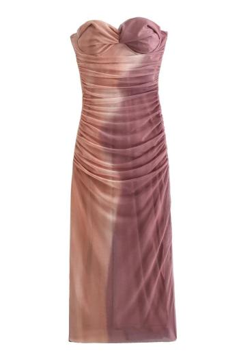 stylish printing stretch zip-up strapless mesh midi dress (size run small)