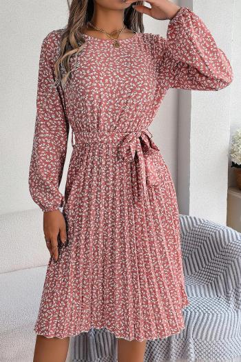casual non-stretch 5 colors floral printing with belt midi dress