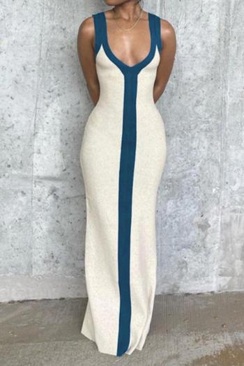 sexy slight stretch color-block ribbed knit low-cut maxi dress