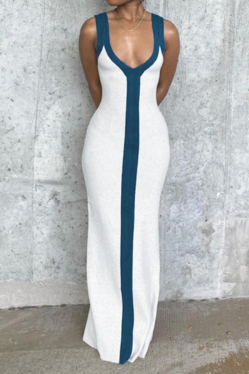 sexy slight stretch color-block ribbed knit low-cut maxi dress