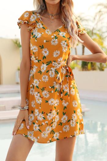 casual non-stretch floral batch printing v-neck with belt mini dress