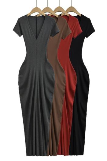 sexy slight stretch solid color v-neck short-sleeve midi dress(size run small)