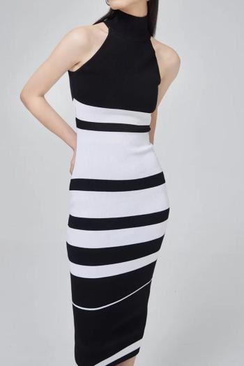sexy slight stretch inter color high neck striped knit midi dress(size run small)