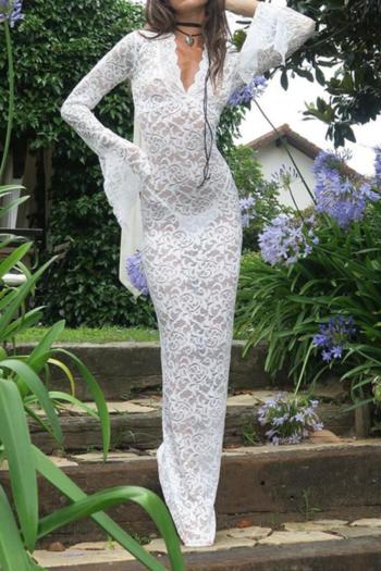 sexy slight stretch white lace see-through deep v neck long sleeves maxi dress