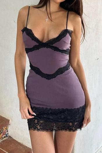 new sexy slight stretch solid color patchwork lace backless mini dress