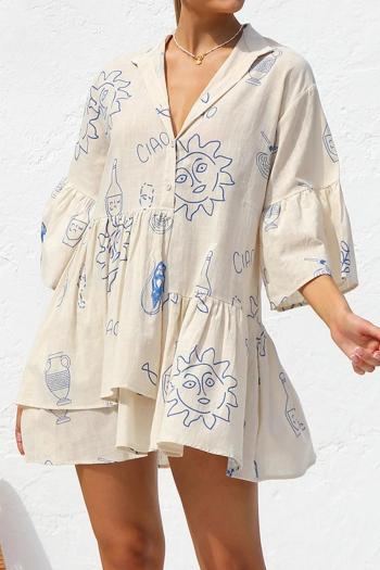 casual non-stretch simple loose batch printing bell sleeve mini dress#1