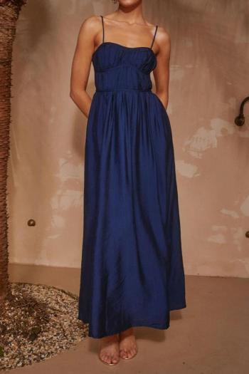 stylish non-stretch sling solid color simple shirring maxi dress