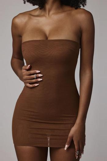 sexy slight stretch solid mesh see-through tight strapless mini dress