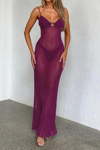 sexy slight stretch see-through mesh solid color sling maxi dress