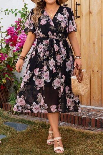 casual plus size slight stretch floral print loose with belt midi dress
