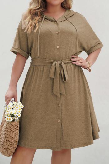 casual plus size slight stretch pure color hooded with belt midi dress