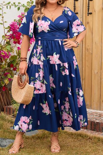 casual plus size slight stretch floral printing lace-up loose maxi dress