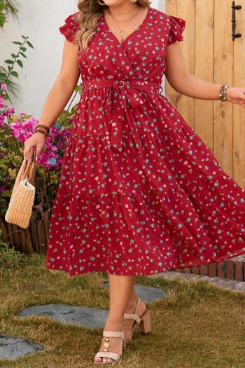 casual plus size slight stretch floral printing maxi dress with belt