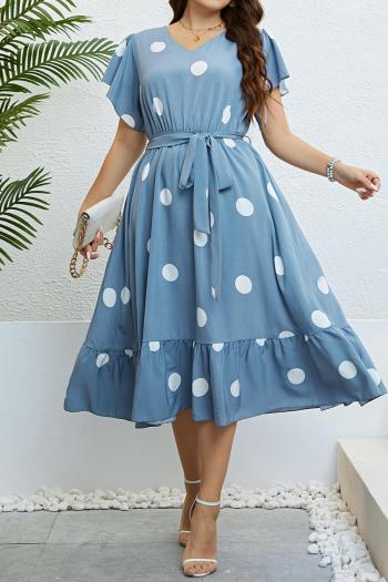 casual plus size slight stretch polka dot print v-neck midi dress with belt